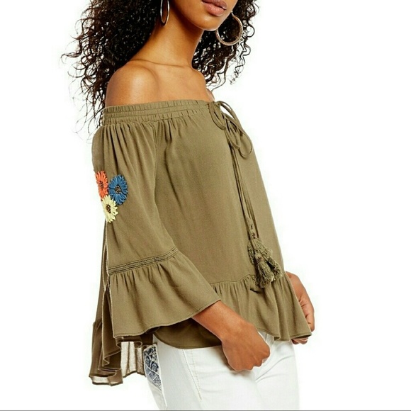 Miss Me Tops - Miss Me Embroidered Off-The-Shoulder Top